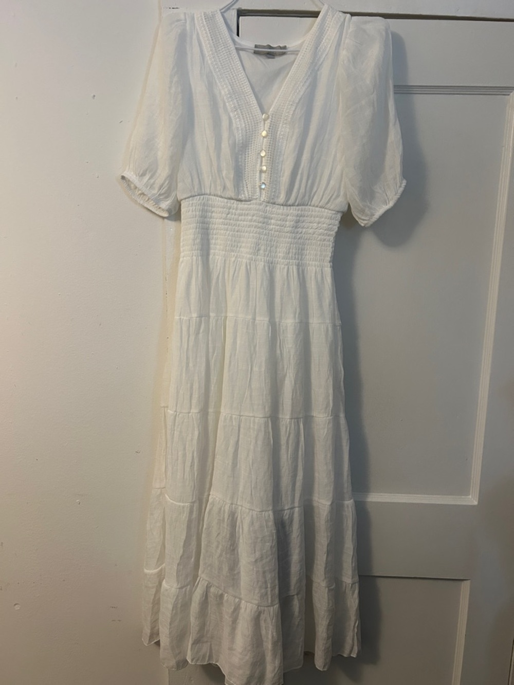 Flowy White V-Neck Tiered Maxi Dress with Smocked Waist